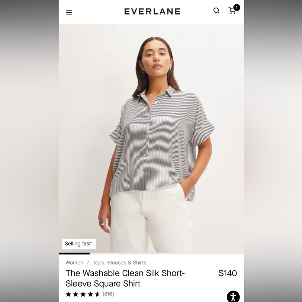 Everlane Washable Clean Silk Short Sleeve Square Shirt Black White Stripe
